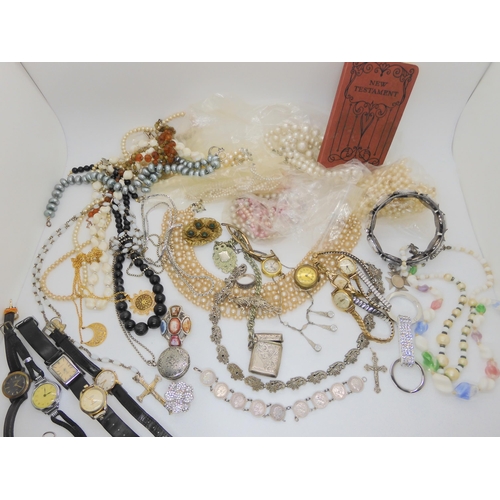 638 - A large wooden box full of vintage costume jewellery, watches and beads