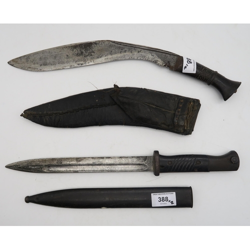 388 - A German third pattern M1884/98 K98 Mauser bayonet and a kukri in leather scabbard (2)