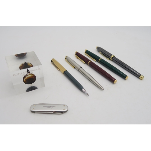 395 - Five various pens comprising Cross, Waterman and Parker; a Perspex paperweight containing crude oil ... 