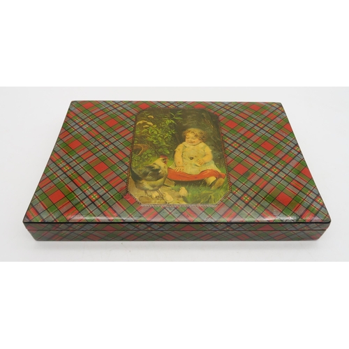 419 - A late-Victorian Tartanware sewing box in MacFarlane tartan, the lid featuring a transfer-printed im... 