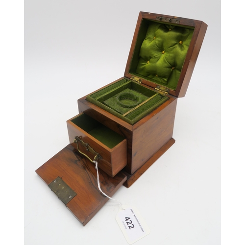 422 - A rosewood jewellery box of small cubic proportions, the hinged top and fall-front opening to reveal... 