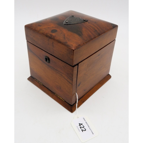 422 - A rosewood jewellery box of small cubic proportions, the hinged top and fall-front opening to reveal... 