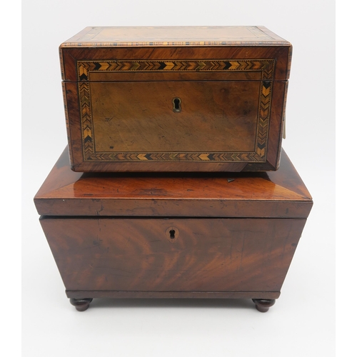 423 - An attractive Tunbridge ware walnut and sample-wood inlaid tea caddy, together with a another Victor... 