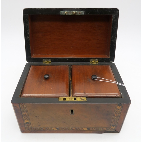 423 - An attractive Tunbridge ware walnut and sample-wood inlaid tea caddy, together with a another Victor... 