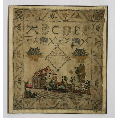 441 - A needlework sampler mounted on board, date indistinct 