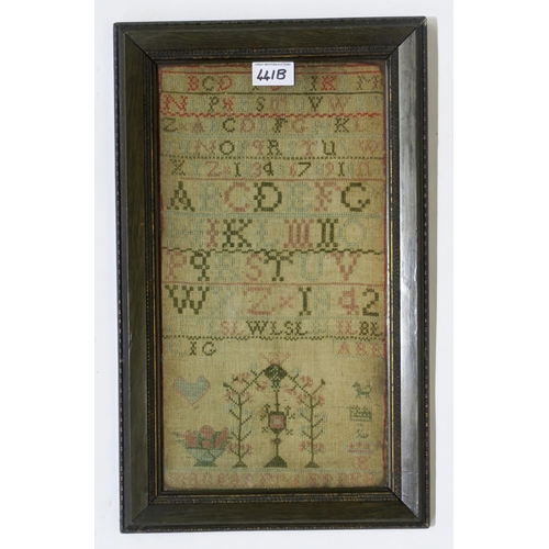 441B - A framed Victorian needlework sampler, dated 1842, name indistinct