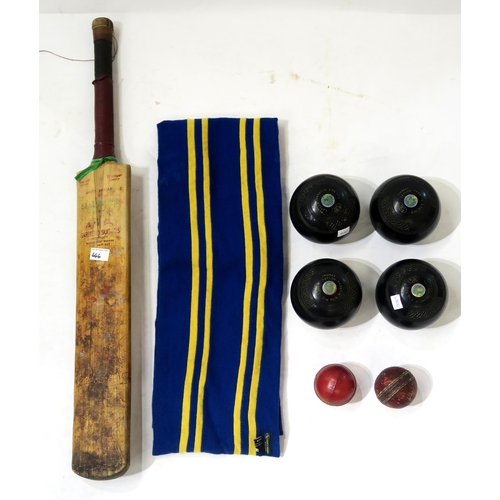 444 - Assorted sporting items, comprising a set of four Thomas Taylor size 4 Lignoid bowls, Slazenger cric... 