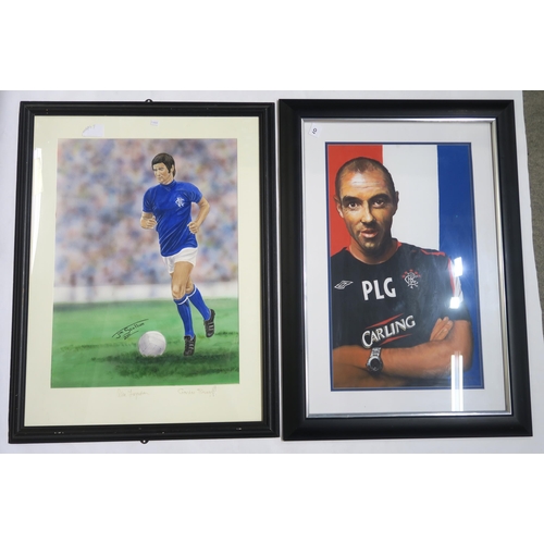 444I - SPORTING MEMORABILIAA framed portrait of Jim Baxter in a Rangers home strip, signed by the artist Ji... 