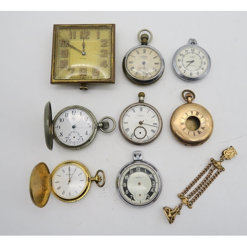 447 - A collection of timepieces, comprising a Swiss travel clock, various pocket watches, to include Inge... 