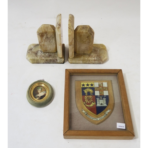 452 - A framed Harrogate College coat of arms wall plaque, signed verso by the College Staff 1944, togethe... 