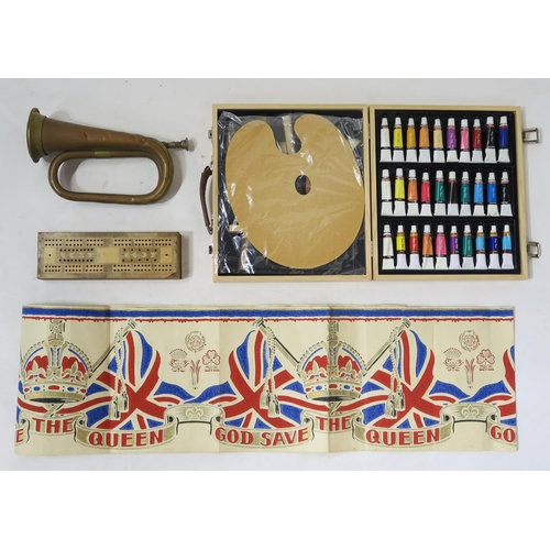 458 - A brass and copper bugle by Premier, a case of artist's paints, a wooden games box and a 