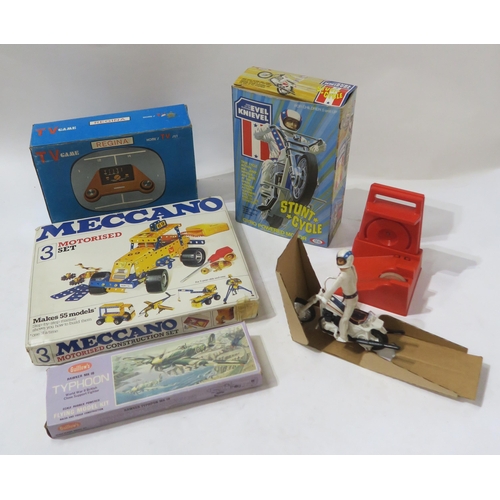 459A - Vintage boxed toys, comprising an Ideal Evel Knievel Stunt Cycle, Regina TV Game, Meccano set and a ... 