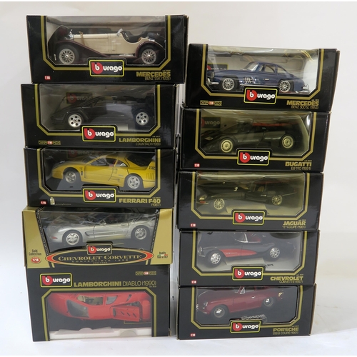 459E - A collection of ten boxed Burago 1:18 scale model cars, including a Mercedes-Benz SSK (1928), Lambor... 