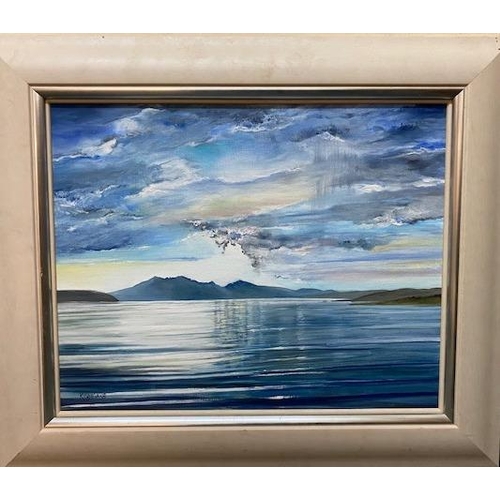 775A - GILLIAN KINGSLAKE (BRITISH) EVENING SUNLIGHT OVER ARRAN Oil on board, signed lower left&nb... 