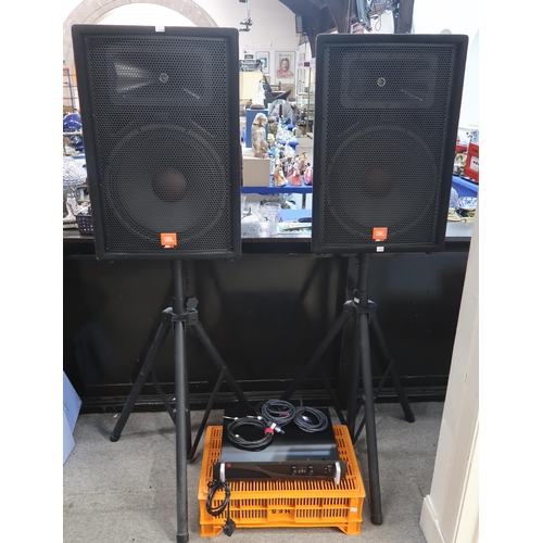 472 - PA system with two JBL115 PA speakers with stands and a Studio Spares Trojan 900 power amplifier