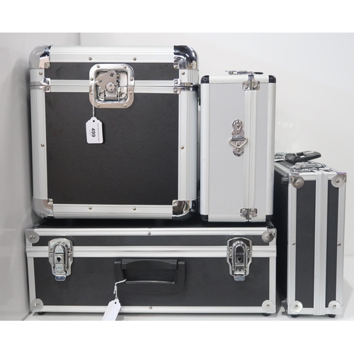 499 - RECORDING STUDIO LEADS, adaptors, ear buds etc together in four studio equipment cases