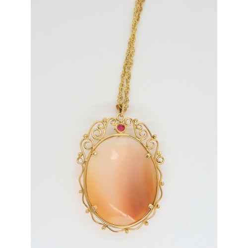 636 - A yellow metal mounted cameo pendant set with a red gem, 4.6cm x 3cm, with a yellow metal rope chain... 