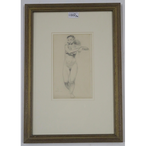 1002 - WILLIAM CROSBIE RSA RGI (1915-1999)FEMALE NUDE STANDING Ink on paper, signed lower left, dated ... 