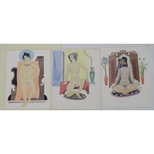 1012 - WILLIAM CROSBIE RSA RGI (1915-1999)THREE UNFRAMED WORKS - FIGURES IN INTERIORS Ink/watercolour,... 