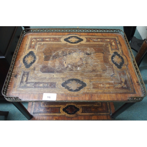 16 - A 19th century continental marquetry inlaid three tier occasional table with brass gallery top on eb... 