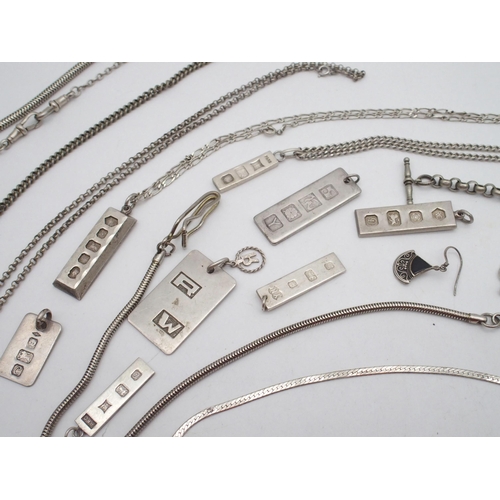 299 - A collection of silver and white metal ingot pendants and chains, a silver snake chain, one clasp ma... 