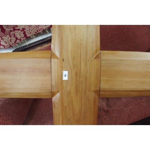 69 - A large beech churches cross fitted with back lighter, 277cm high x 153cm wide