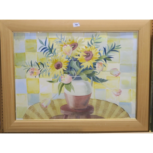 709 - JUNE SHANKS (SCOTTISH) SUNFLOWERS AND TULIPS Watercolour, 53 x 73cm ... 