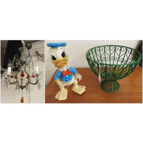 87 - A 20th century metal and glass five branch chandelier, metal fruit bowl and a 1968 Donald Duck figur... 