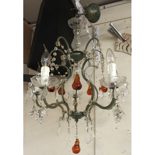 87 - A 20th century metal and glass five branch chandelier, metal fruit bowl and a 1968 Donald Duck figur... 