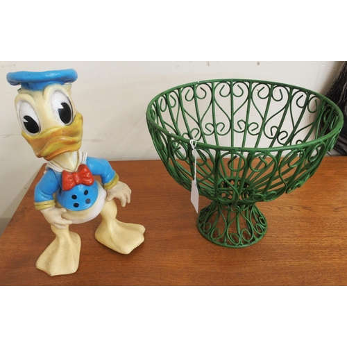 87 - A 20th century metal and glass five branch chandelier, metal fruit bowl and a 1968 Donald Duck figur... 