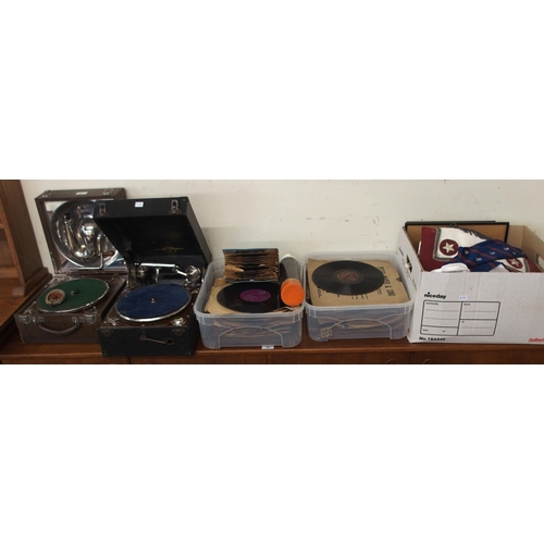 92 - A 20th century Columbia picnic gramophone, Decca portable gramophone, two boxes of assorted records,... 