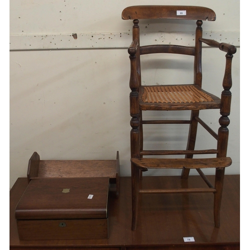 99 - A 19th century ash bergere child's high chair, rosewood writing slope (def), four assorted framed co... 