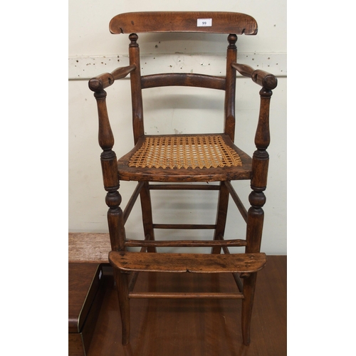 99 - A 19th century ash bergere child's high chair, rosewood writing slope (def), four assorted framed co... 