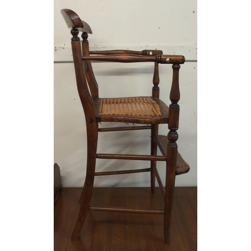 99 - A 19th century ash bergere child's high chair, rosewood writing slope (def), four assorted framed co... 