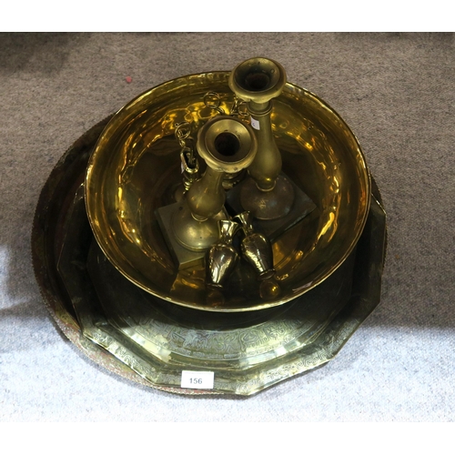 156 - A pair of brass candlesnuffers in stands, a pair of brass candlesticks, Indian trays etc