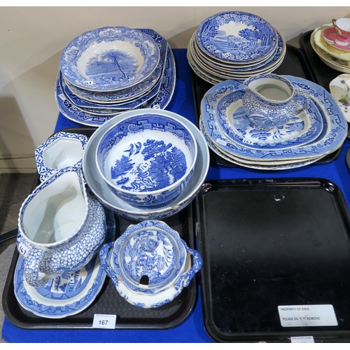 167 - A collection of blue and white transfer printed pottery including Midwinter, Furnivals, Burleighware... 