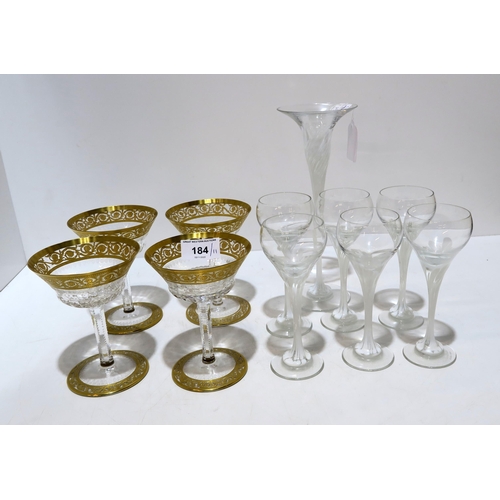 184 - Four St Louis crystal champagne glasses, together with Rosenthal sherry glasses and a matching bud v... 