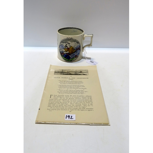 192 - A 19th century Staffordshire Grace Darling commemorative mug, printed and hand tinted with Grace Dar... 