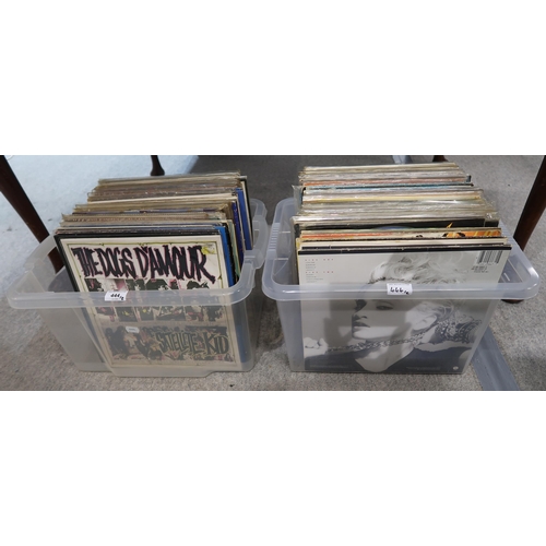 444 - Two boxes of vinyl LP records, with artists including Michael Jackson, Culture Club, Status Quo, Ada... 