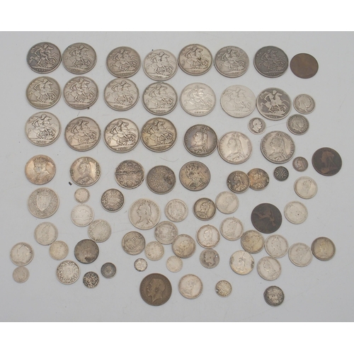 353 - A lot of various Victoria crowns, half crowns, shillings with One Rupee India 1887, William IV sixpe... 