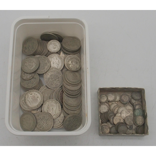 358 - A quantity of half crowns, florins, one shillings and three pence coins pre 1947 and a 50p