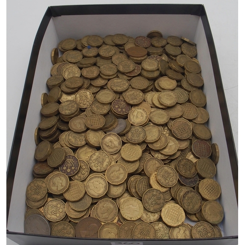 360 - A lot of brass three pence pieces, shillings and two shillings etc