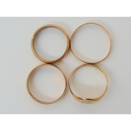 616 - Four 9ct rose gold rings, a signet ring, size Q1/2, and three wedding bands, sizes V1/2, S1/2, and N... 