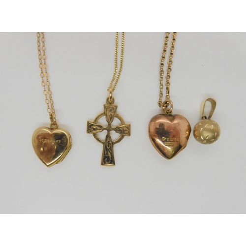 624 - A 9ct rose gold heart shaped locket and chain, a back & front example, a Celtic cross and other ... 