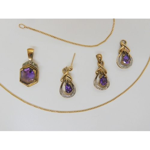 627 - Two 9ct gold amethyst and diamond accent pendants, a chain and a pair of earrings (one stud fitting ... 