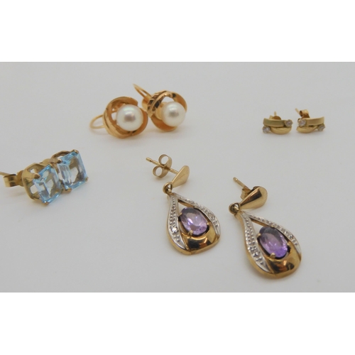 632 - A pair of 14k gold pearl screw back earrings, weight 2.8gms, and three pairs of 9ct gem set earrings... 