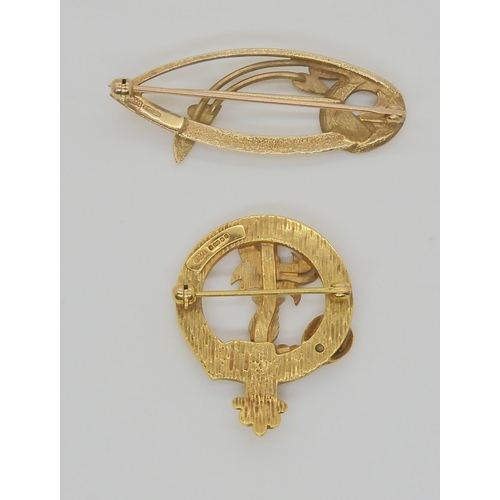 660 - A 9ct gold Ola Gorie clan brooch for clan 'Chisholm', together with a 9ct gold Mackintosh style broo... 