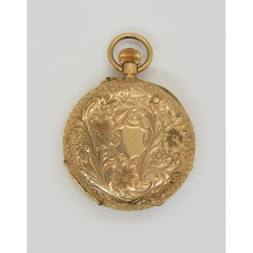 662 - A 14k gold open face fob watch, with gold coloured dial. Diameter 3.3cm, weight including mechanism ... 