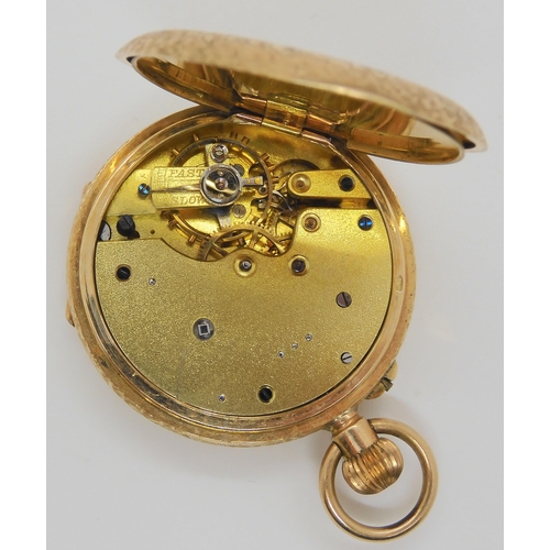 662 - A 14k gold open face fob watch, with gold coloured dial. Diameter 3.3cm, weight including mechanism ... 