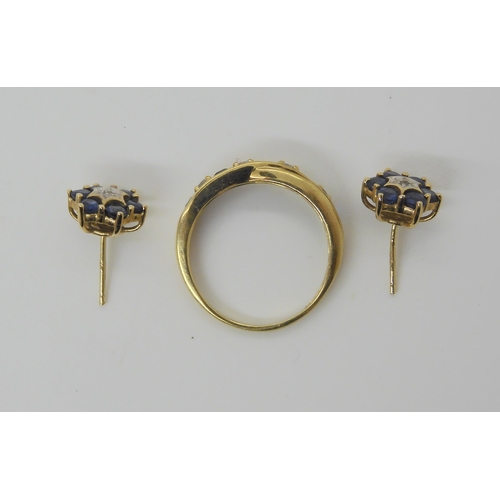 664 - A 9ct gold blue and clear sapphire ring, size P1/2, together with a pair of 9ct sapphire and diamond... 